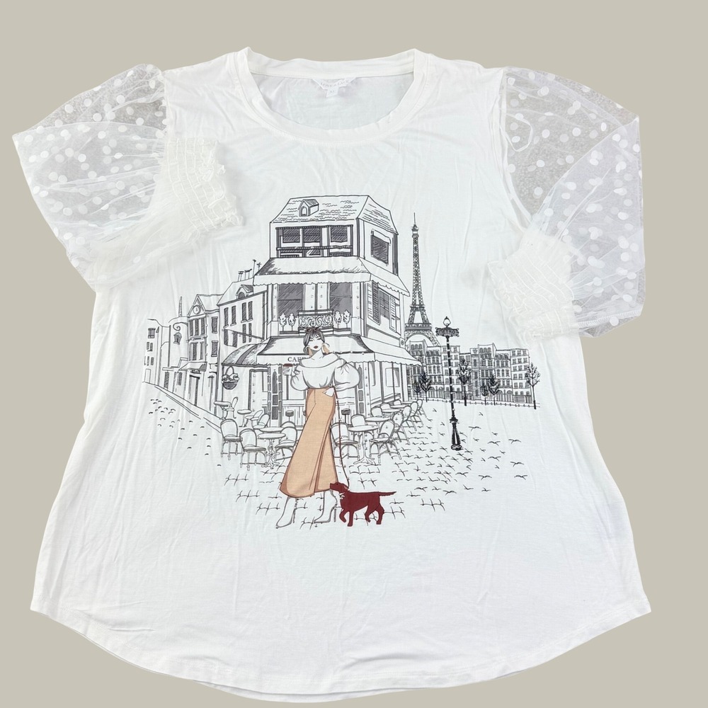Love&Lace Paris Graphic Top Women XL Polka Dot Mesh Sleeve Casual Chic Coquette - Picture 1 of 10